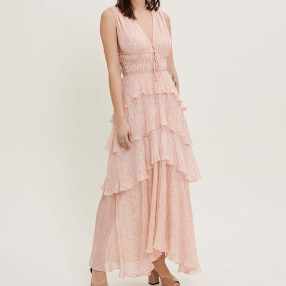 Maje Dresses & Skirts - Maje Rufflinette Pink/Gold Metallic Maxi Dress